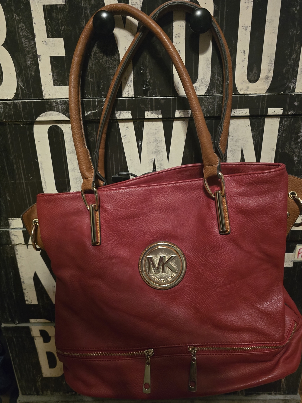 Michael Kors Red Leather Tote Bag with Brown Handles